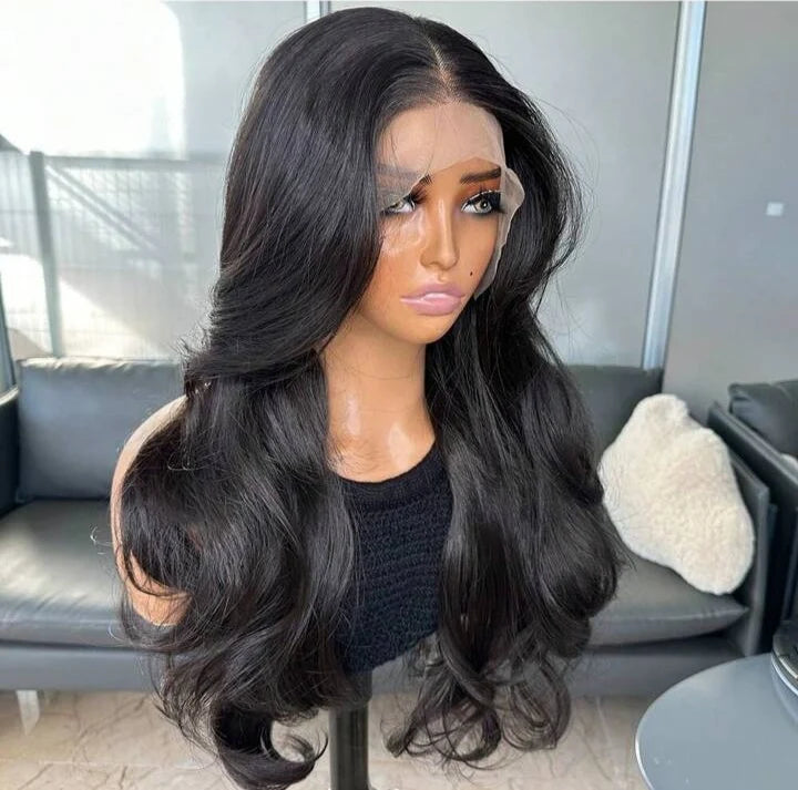 The Isabella - Natural Black Curtain Bangs Human blend Lace Front Wig