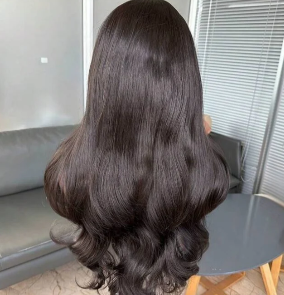The Isabella - Natural Black Curtain Bangs Human blend Lace Front Wig