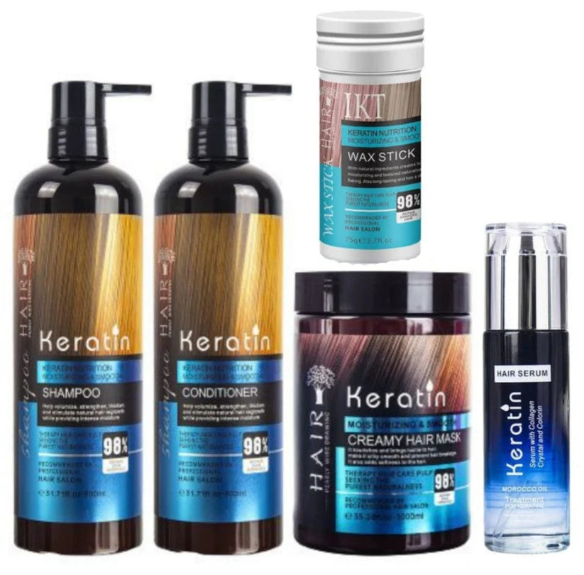 Keratin Hair Deep Treatment Kit - Shampoo, Conditioner, Mask, Serum & Wax